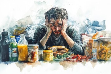 A distressed man sits amidst clutter and food, reflecting on life's challenges.