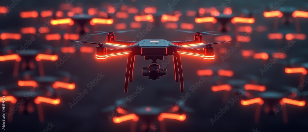 Poster a striking image of illuminated drones in a dark setting, showcasing a central drone surrounded by o
