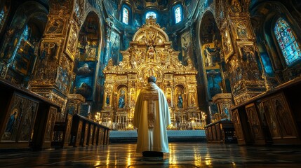 Obraz premium A man in a white robe stands in front of a gold and blue church