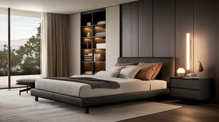A sleek and serene bedroom in minimalist dark tones, featuring a low platform bed with clean lines and neutral bedding. The room includes simple storage solutions like wall-mounted