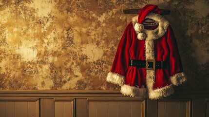 A Santa suit and hat hang on the wall.
