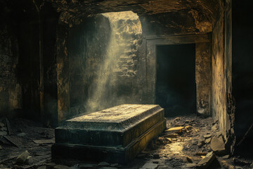 Ancient stone tomb illuminated by a mystical ray of light in a dark, forgotten chamber, evoking an aura of mystery and antiquity.