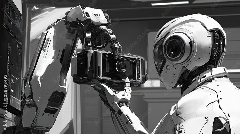 Aufkleber robotic arm assisting humanoid robot with device.