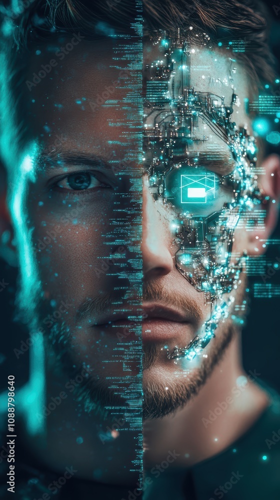 Aufkleber futuristic portrait of a human-machine hybrid with digital elements, incorporating data streams and 