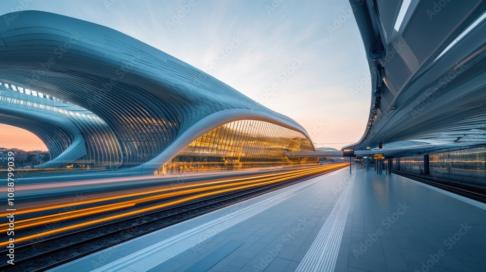 Poster modern architectural design of train station with curved structures and inviting golden light, showc