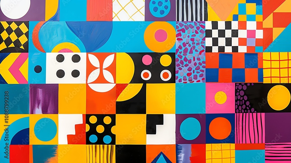 Poster a colorful geometric pattern with squares, circles and other shapes.