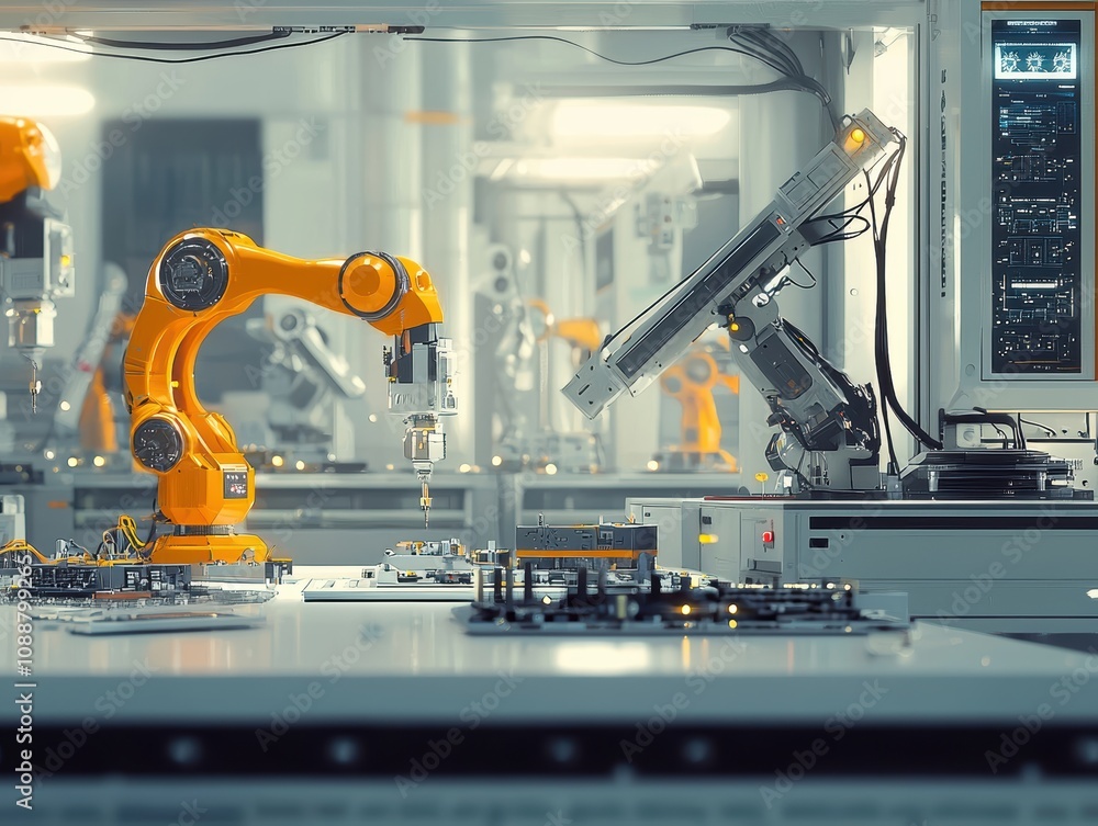 Poster advanced robotic arm in high-tech laboratory setting optimizing precision tasks with innovative mach