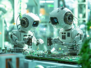 Two Friendly Robots Collaborating on a Circuit Board in a High-Tech Laboratory Setting, Showcasing the Future of Robotics and Automation Technology in Action