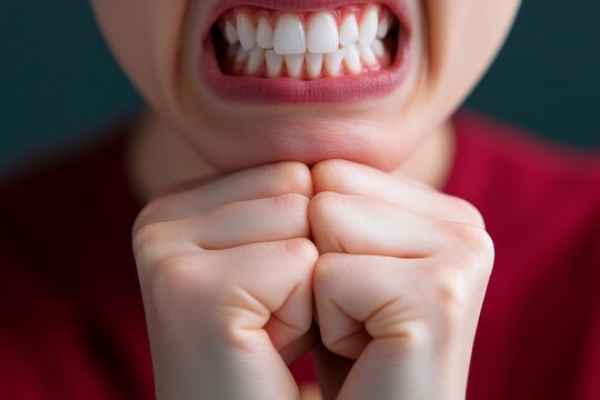 Individual displaying frustration with clenched fists and gritted teeth in a close-up setting