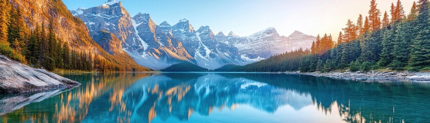 A serene landscape featuring a turquoise lake, surrounded by majestic mountains and pine trees, reflecting the tranquil sky at sunrise.