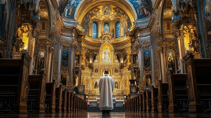 Obraz premium A large church with a priest standing in the middle of the room