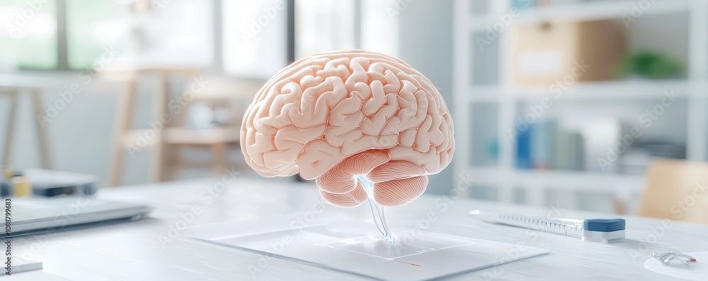 Poster a 3d-rendered brain model resting on a table in a bright room, showcasing intricate details and repr