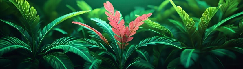 A vibrant underwater scene showcasing lush green aquatic plants, with a striking pink leaf standing out in the center.