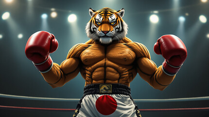 A powerful boxer with a tiger's head wearing red gloves stands ready in a bright, professional boxing ring