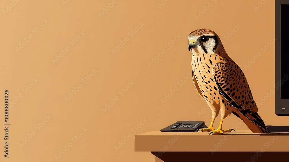 Poster realistic falcon perched on a wooden table next to a remote control in a modern indoor setting again