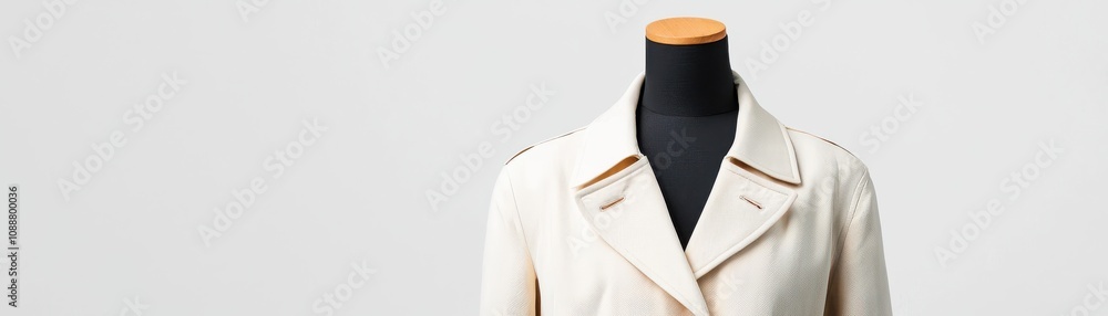 Poster a stylish cream-colored jacket displayed on a mannequin, showcasing its elegant design and intricate