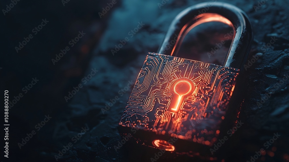Poster glowing padlock with circuit board patterns symbolizing digital security and encrypted protection