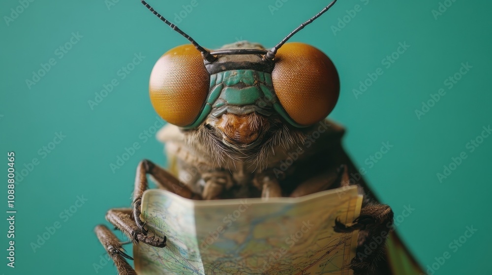 Poster close-up of a colorful insect holding a map on a green background highlighting nature's intricate de