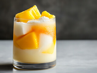 Refreshing Mango Coconut Smoothie: A close-up shot of a creamy mango coconut smoothie, featuring fresh mango chunks and a hint of coconut milk, perfect for a summery, healthy treat