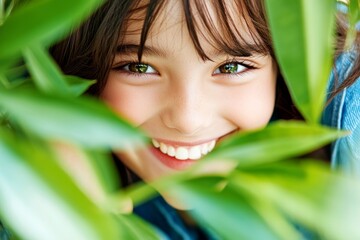 Naklejka premium Joyful child smiling surrounded by lush green leaves in a natural setting during daytime