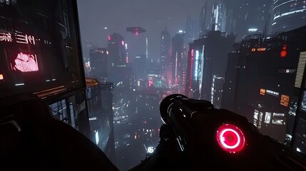 Obraz premium Futuristic city at night viewed from a high vantage point, with a mysterious flying object and weapon in foreground.