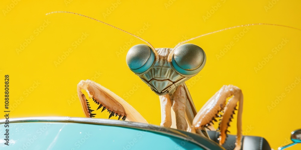 Poster close-up of a unique praying mantis on a car dashboard with bright yellow background showcasing intr