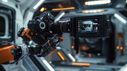 Fototapeta premium Robotic arm holding a camera in a futuristic setting.
