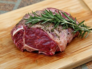 Fresh Raw Meat with Rosemary Herb on Cutting Board Ready for Cooking or Grilling, Highlighting Culinary Artistry and Flavorful Preparation Techniques