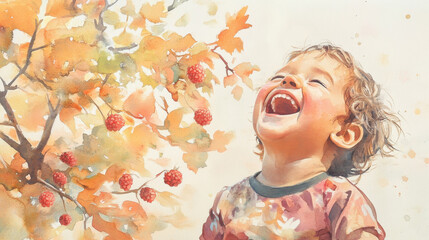Joyful Child Under Tree with Fall Leaves and Berries in Watercolor Painting, Capturing Happiness and Innocence in a Beautiful Autumn Setting