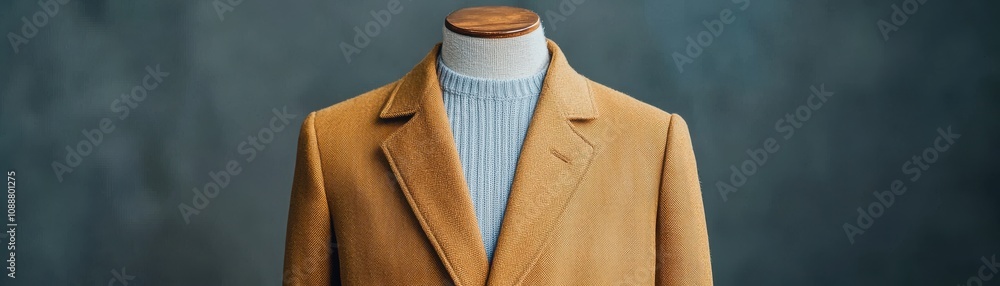 Poster a stylish patterned jacket displayed on a mannequin against a textured backdrop, showcasing intricat