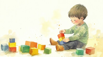 Young Boy Engaged in Creative Play with Colorful Wooden Blocks on a Soft Light Background, Illustrating Joyful Childhood Moments and Imagination Development
