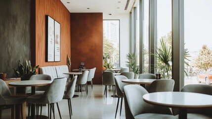Fototapeta premium Modern cafe interior with large windows, grey chairs, and orange wall.