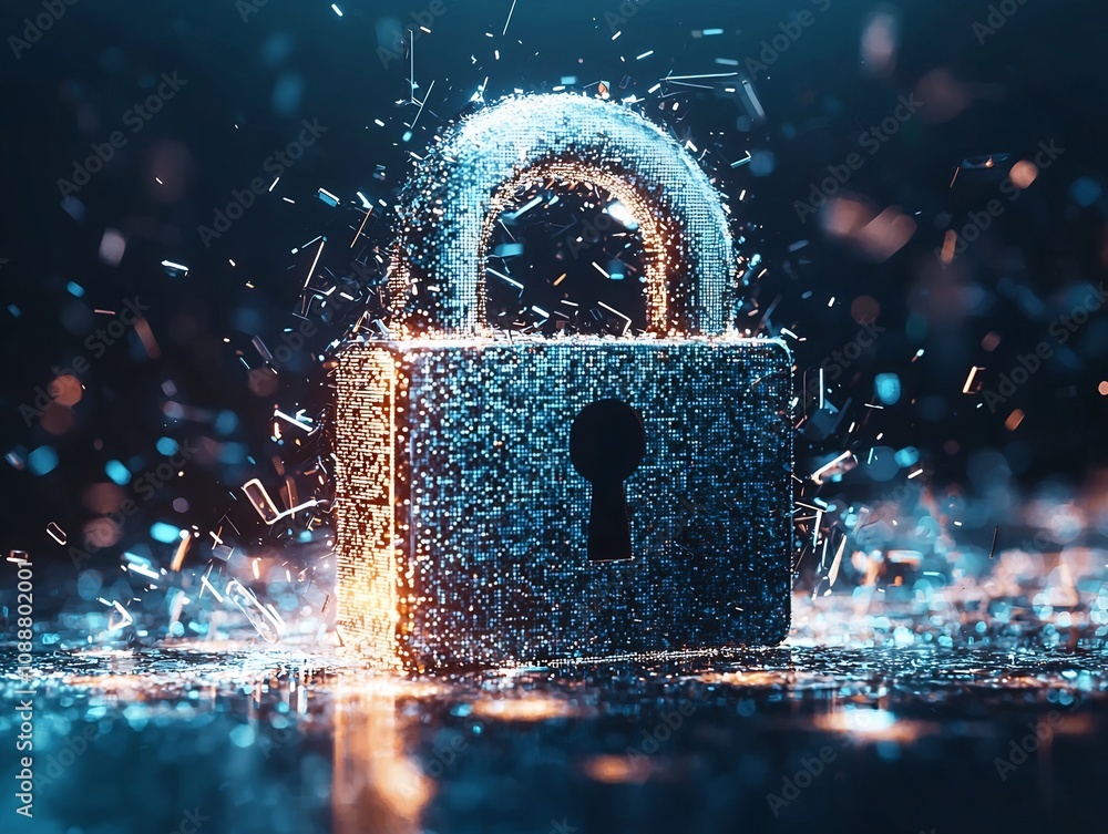 Aufkleber dissolving pixelated padlock symbolizing adaptable security in digital world
