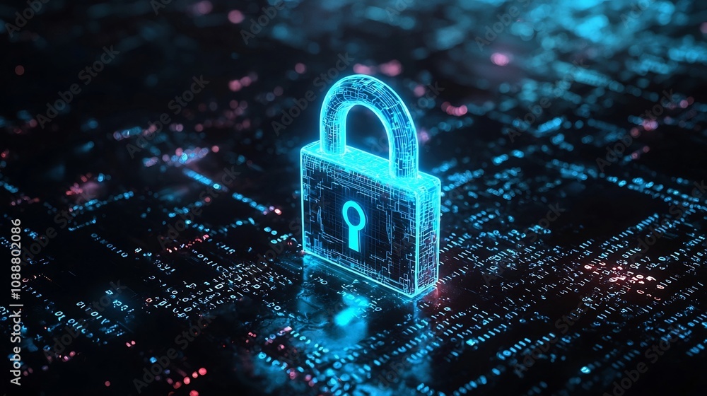 Aufkleber neon blue padlock floating in cyberspace with binary code symbolizing online security and digital pr