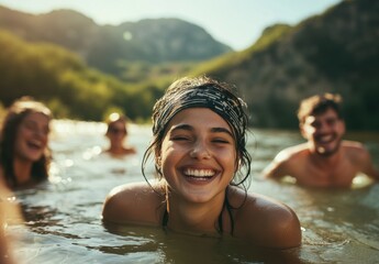 Group of friends enjoying a joyful moment in clear water