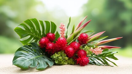 Vibrant Tropical Ginger Flowers and Monstera Leaves Arrangement on Sandy Beach