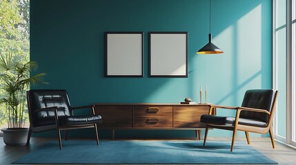 Beautiful Colored Mockup Bedroom Interior Blank Poster Decoration Art Background Image, generative AI
