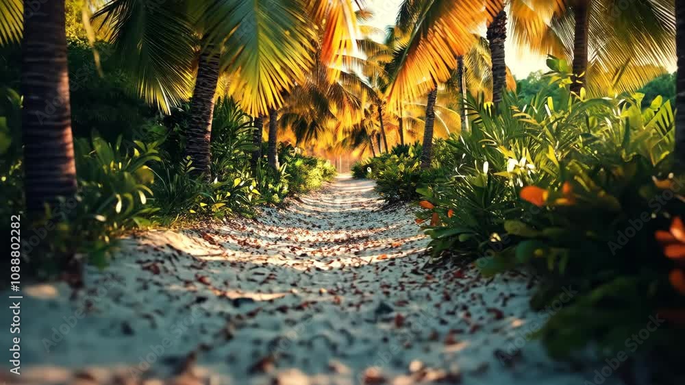 Poster sunlight filters through the leaves of numerous palm trees lining a sandy path