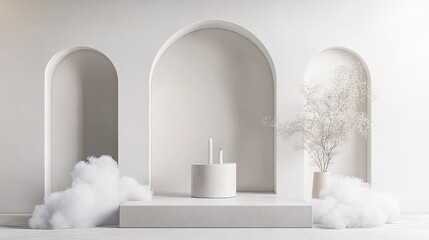 Minimalist white arch interior scene with candles, flowers, and clouds.
