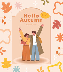 Hello autumn greeting card with happy family. Vector illustration in flat style.