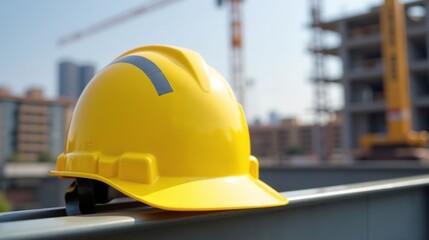 Yellow Construction Hard Hat on Steel Beam