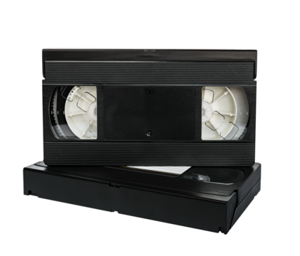 Close-up of a video cassette standing on top of another video cassette