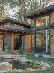 Fototapeta premium Modern Contemporary Home with Floor-to-Ceiling Windows and Beautiful Landscaping