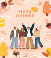 Hello autumn. Group of young people taking pictures. Vector illustration.