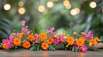 Tropical Flower Garland with Bright Orange Marigolds and Pink Bougainvillea Against Blurred Jungle Background