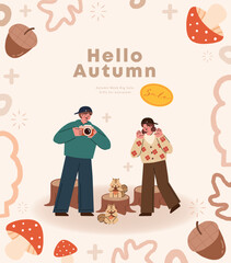 Autumn season. Happy family with autumn leaves and acorns. Vector illustration.