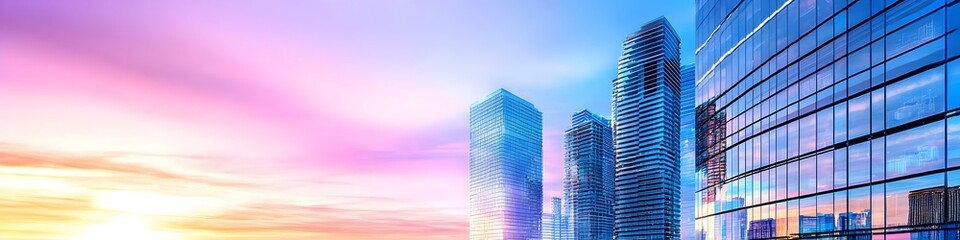 A vibrant cityscape of Nevada at dusk, showcasing the iconic landmark with high-rise buildings . The sky is painted with hues of blue and purple as the sun sets behind them, casting long shadows