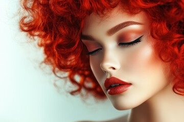 Fototapeta premium Model showcases vibrant red curly hair and bold makeup in studio