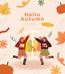 Hello autumn greeting card with cute girls in autumn clothes. Vector illustration.