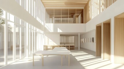 Fototapeta premium Sunlit minimalist interior with high ceilings, wood accents, and large windows.